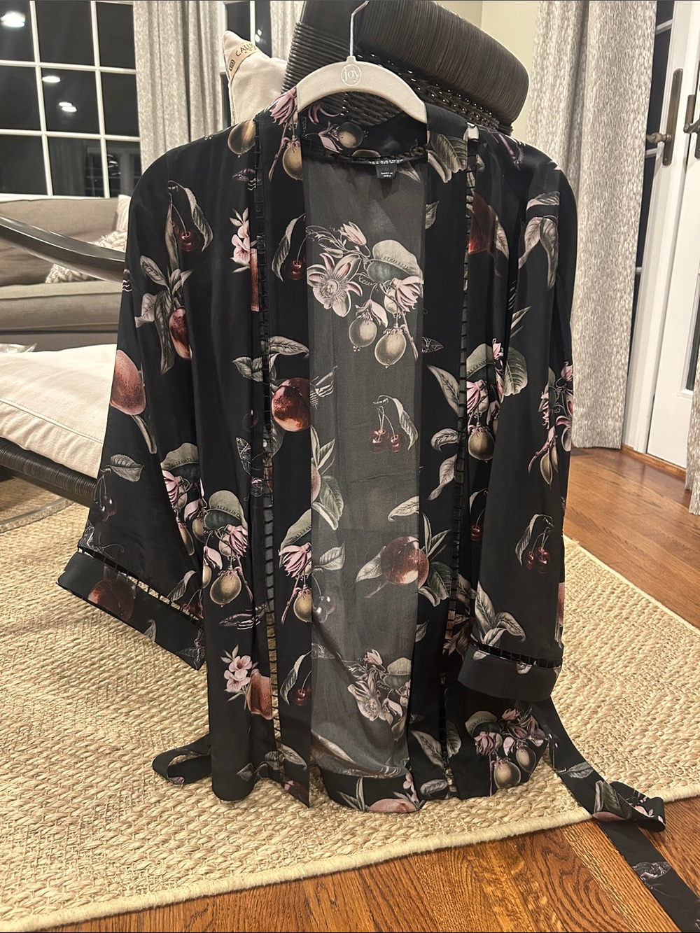All Saints Black Floral Kimono Jacket with Pink and Green Accents